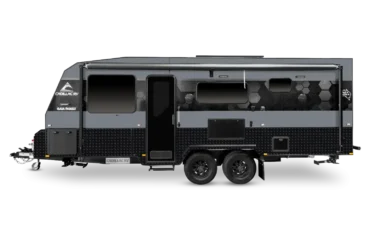 Seitenansicht des 2025 Cadillac RV 216 Gaia Offroad-Caravans mit schwarzer und grauer Außenverkleidung, großen Fenstern und Doppelausstattung