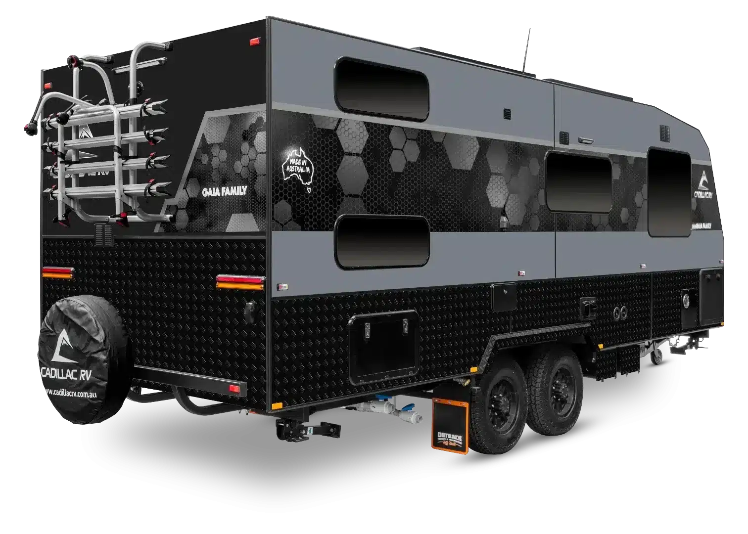 Seiten- und Heckansicht des 2025 Cadillac RV 216 Gaia Offroad-Caravans mit Reserverad und Fahrradträger