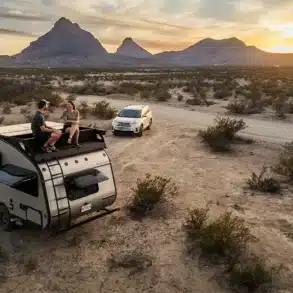 Alto F1743 Expedition Wohnanhänger mit zwei Personen auf dem Dach, abseits der Straße in wüstenartiger Landschaft, im Hintergrund ein SUV und Berge bei Sonnenuntergang