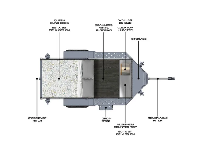 Draufsicht-Grundriss des AntiShanty AS-1 A-Frame Trailers mit beschrifteten Bereichen wie Queen-Betten, Aluminium-Arbeitsfläche, Stauraum und Kochfeld
