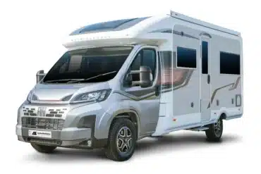 Auto-Sleepers Broadway EL Wohnmobil, basierend auf Fiat Ducato, seitliche Ansicht mit Markise und großen Fenstern