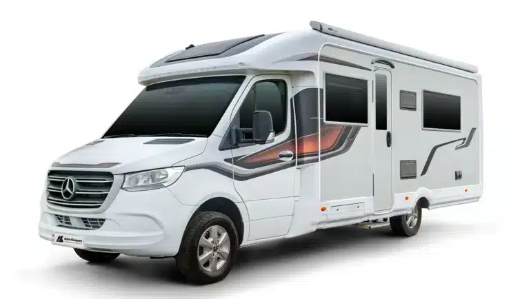 Auto-Sleepers Burford Duo Wohnmobil auf Mercedes-Fahrgestell mit markanter Seitenansicht