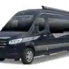 Dunkelblauer Auto-Sleepers M-Star Campervan auf Mercedes-Benz Sprinter Basis, Seitenansicht mit Markise und getönten Scheiben