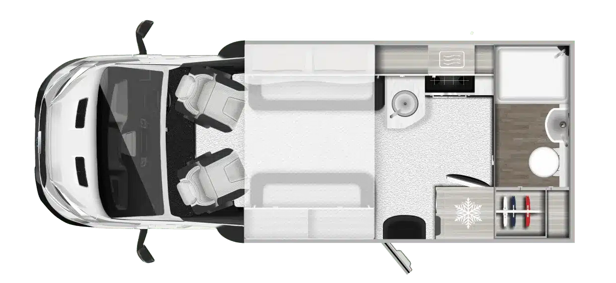 Grundriss des Auto-Trail F-Line F60 mit Wohnbereich, Küche, Bad und Sitzplätzen