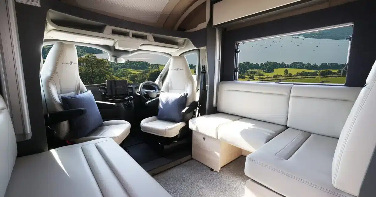 Wohnbereich und Fahrerhaus des Auto-Trail F-Line F60 mit hellen Polstern und großem Fensterblick
