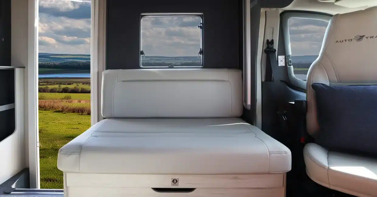Innenansicht des Auto-Trail F-Line F60 mit beiger Sitzbank, Fenster und Fahrerhaussitz.