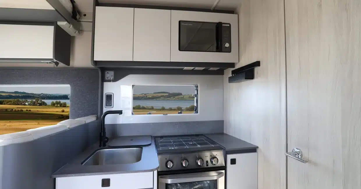 Innenansicht der Küchenzeile im Auto-Trail F-Line F60 mit Spüle, Herd, Mikrowelle und Fenster mit Landschaftsausblick