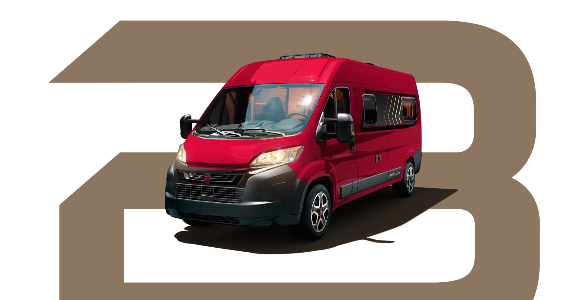 Roter Bürstner Papillon Kastenwagen auf Citroën-Jumper-Basis, Front- und Seitenansicht