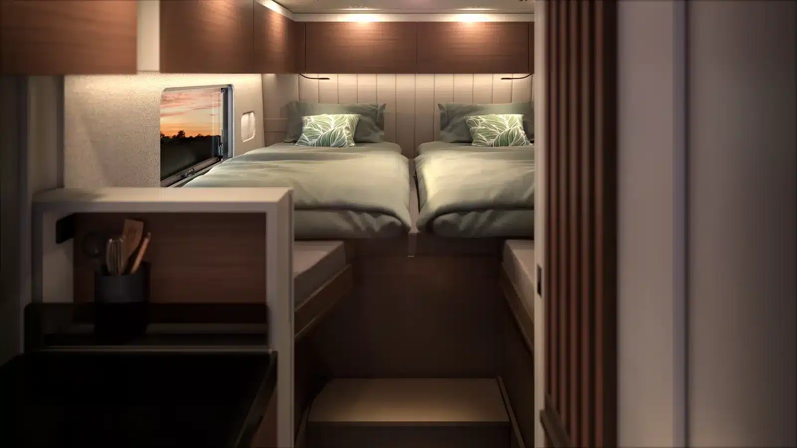 Schlafbereich mit zwei Einzelbetten und modernen Holzoberflächen im Bürstner Signature Wohnmobil