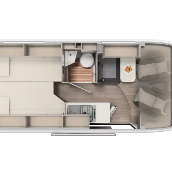 Draufsicht auf den Grundriss des Camper Van CV602 pro mit Längseinzelbetten, Bad, Küche und Sitzgruppe
