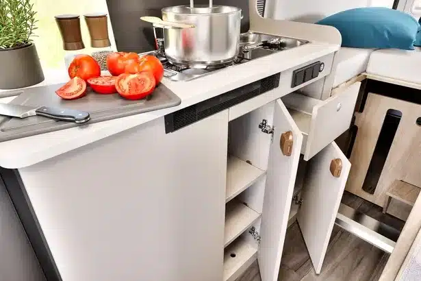 Küchenzeile mit Kochfeld, Topf, geschnittenen Tomaten und geöffneten Schränken im Camper Van CV602 pro