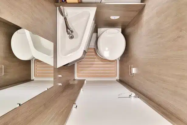 Badezimmer mit Waschbecken, Toilette und Holzrost im Camper Van CV602 pro