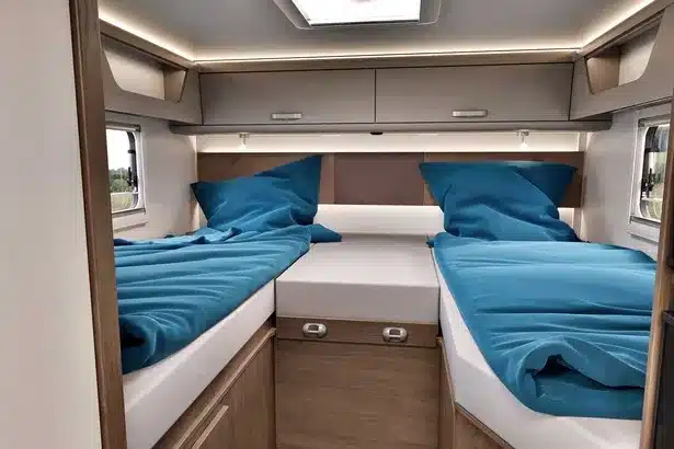 Innenansicht der Längseinzelbetten im Heck des Carado T448 Wohnmobils mit blauer Bettwäsche