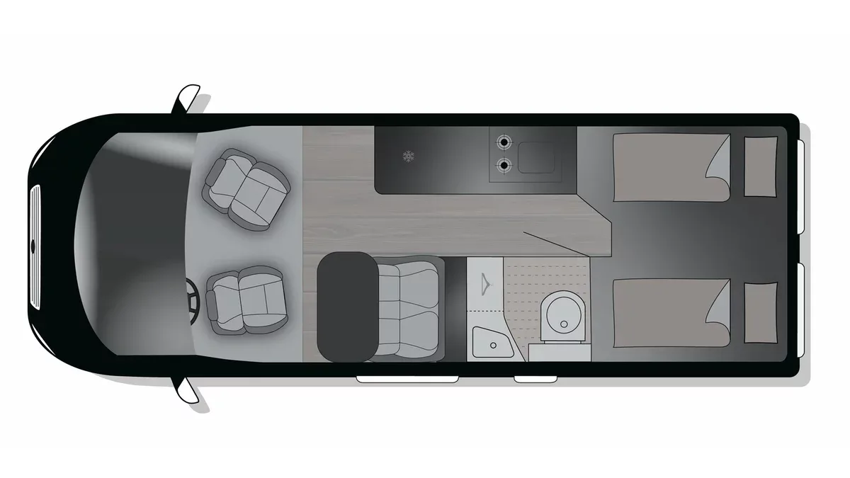 Grundrisszeichnung des CROSSCAMP ADVTR 6.4 EF mit Sitzgruppe, Küchenzeile, Bad und Längsbetten