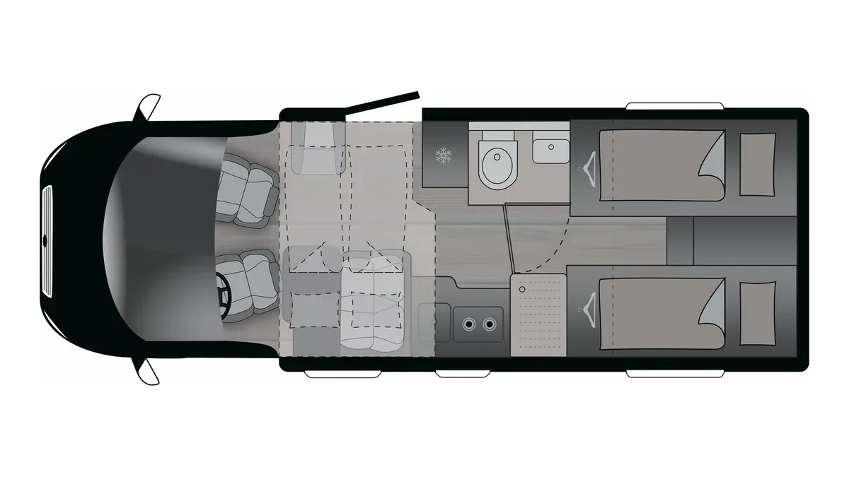 Grundrisszeichnung des Crosscamp EXPDN 7.4 E mit Fahrerhaus, Sitzgruppe, Küche, Bad und zwei Einzelbetten im Heck