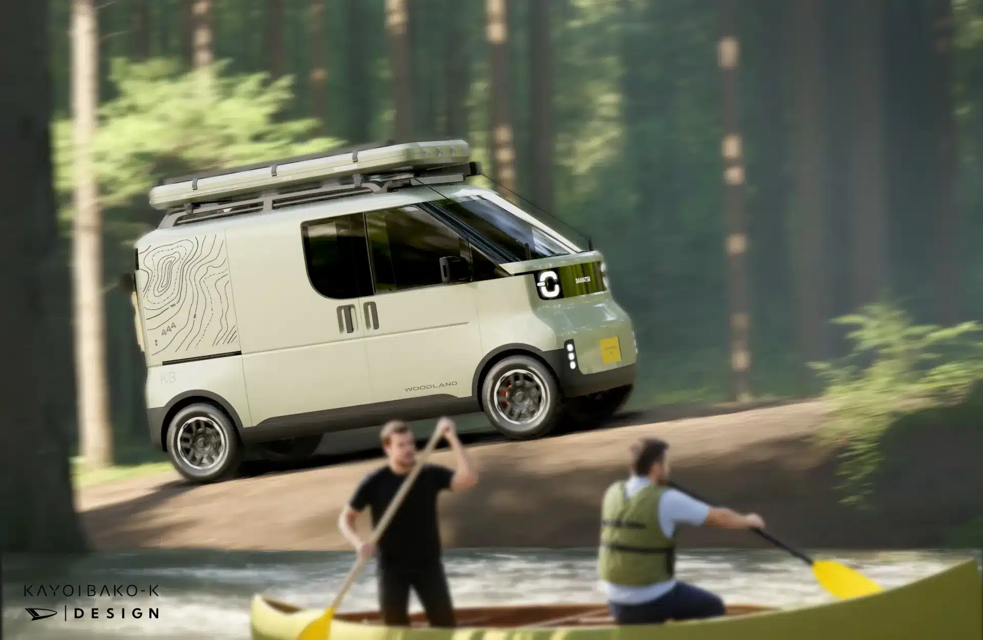 Daihatsu Kayoibako-K Konzeptfahrzeug mit Dachzelt und Geländereifen fährt durch einen Wald, im Vordergrund zwei Personen im Kanu