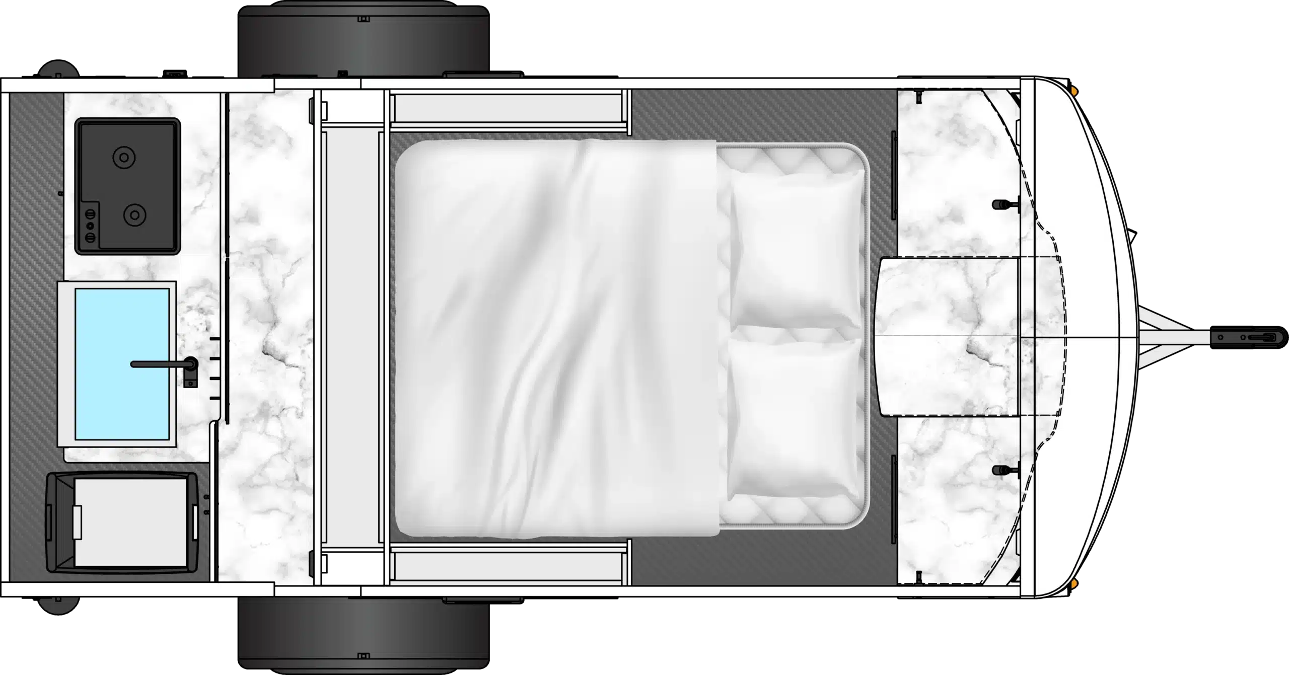 Grundrisszeichnung des inTech Luna Teardrop Trailers mit Bett, Küche und Panoramawindschutzscheibe