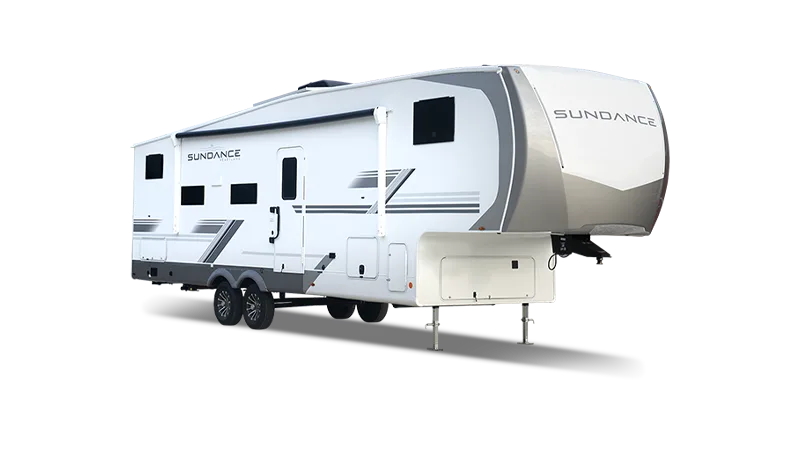 Sundance Fifth Wheel Wohnwagen, seitlich fotografiert, mit markanter Front und modernen Designelementen