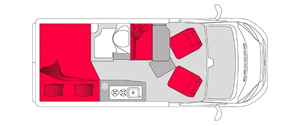 Grundrisszeichnung des V540G Kastenwagens mit markierten Wohn-, Schlaf- und Funktionsbereichen