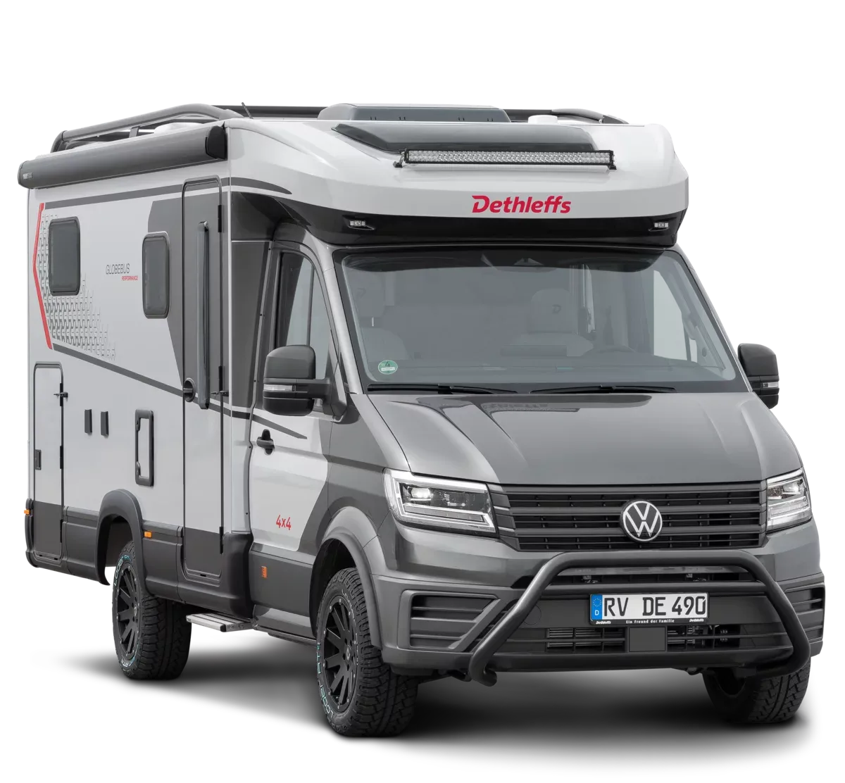 Dethleffs Globebus Performance 4x4 Wohnmobil auf VW Crafter, indium-grau, mit Offroad-Elementen und Markise