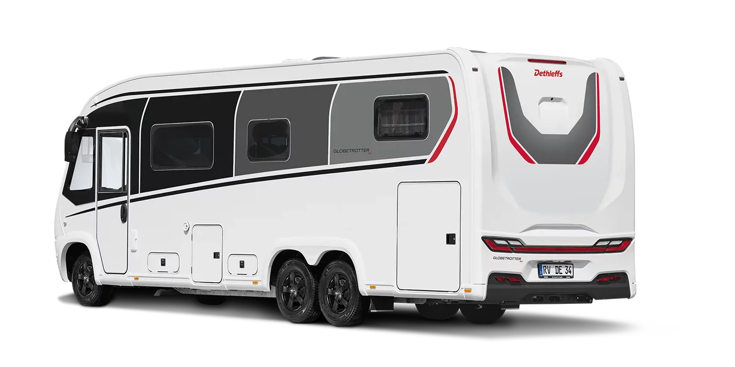 Seiten- und Heckansicht des Dethleffs Globetrotter XL I Wohnmobils mit markantem Design und XL-Heckgarage