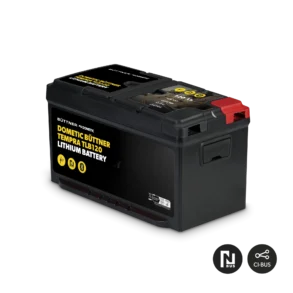 Dometic Büttner TEMPRA TLB120 Lithium-Batterie in Schwarz mit gelber Beschriftung und Bluetooth-Symbolen
