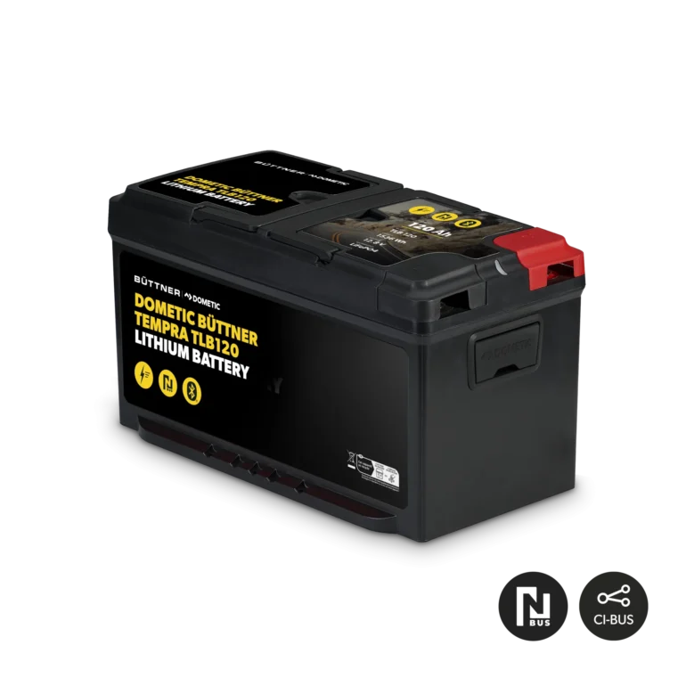 Dometic Büttner TEMPRA TLB120 Lithium-Batterie in Schwarz mit gelber Beschriftung und Bluetooth-Symbolen