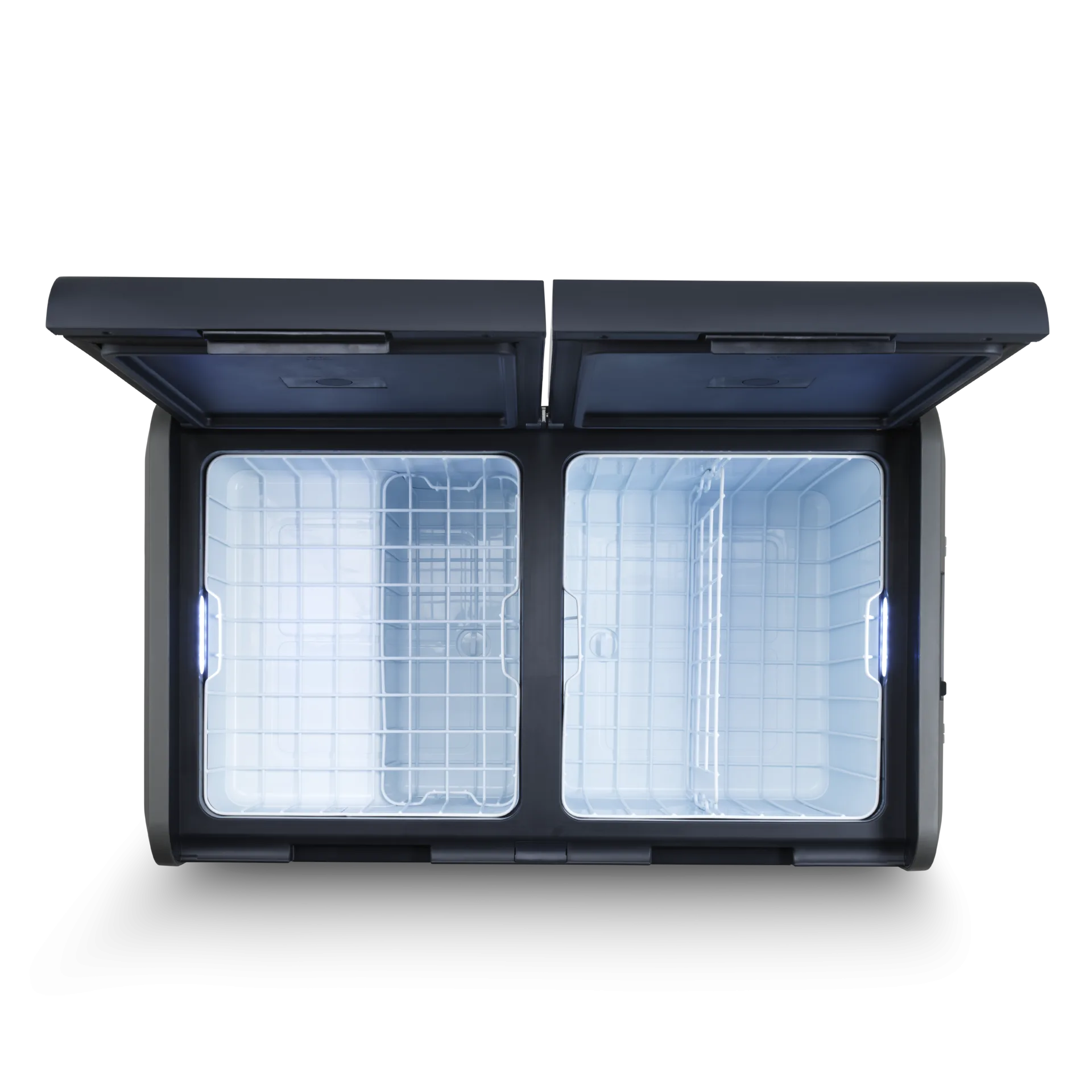 Offener Dometic CFX5 95DZ Kompressorkühler mit zwei separaten Fächern und LED-Innenbeleuchtung