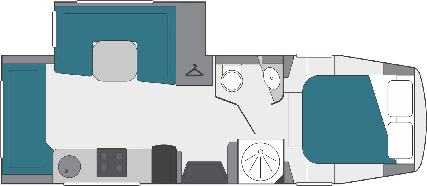 Grundrisszeichnung des Dreamseeker Fifth Wheel Caravan mit markierten Bereichen für Schlafzimmer, Küche, Bad und Wohnbereich