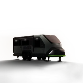 Moderner Evotrex Wohnwagen mit futuristischem Design auf dunklem Untergrund