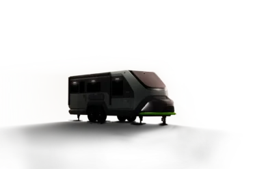 Moderner Evotrex Wohnwagen mit futuristischem Design auf dunklem Untergrund