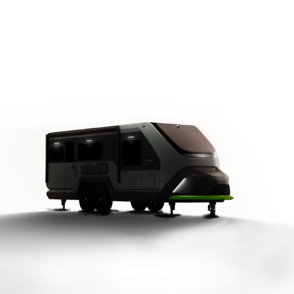 Moderner Evotrex Wohnwagen mit futuristischem Design auf dunklem Untergrund
