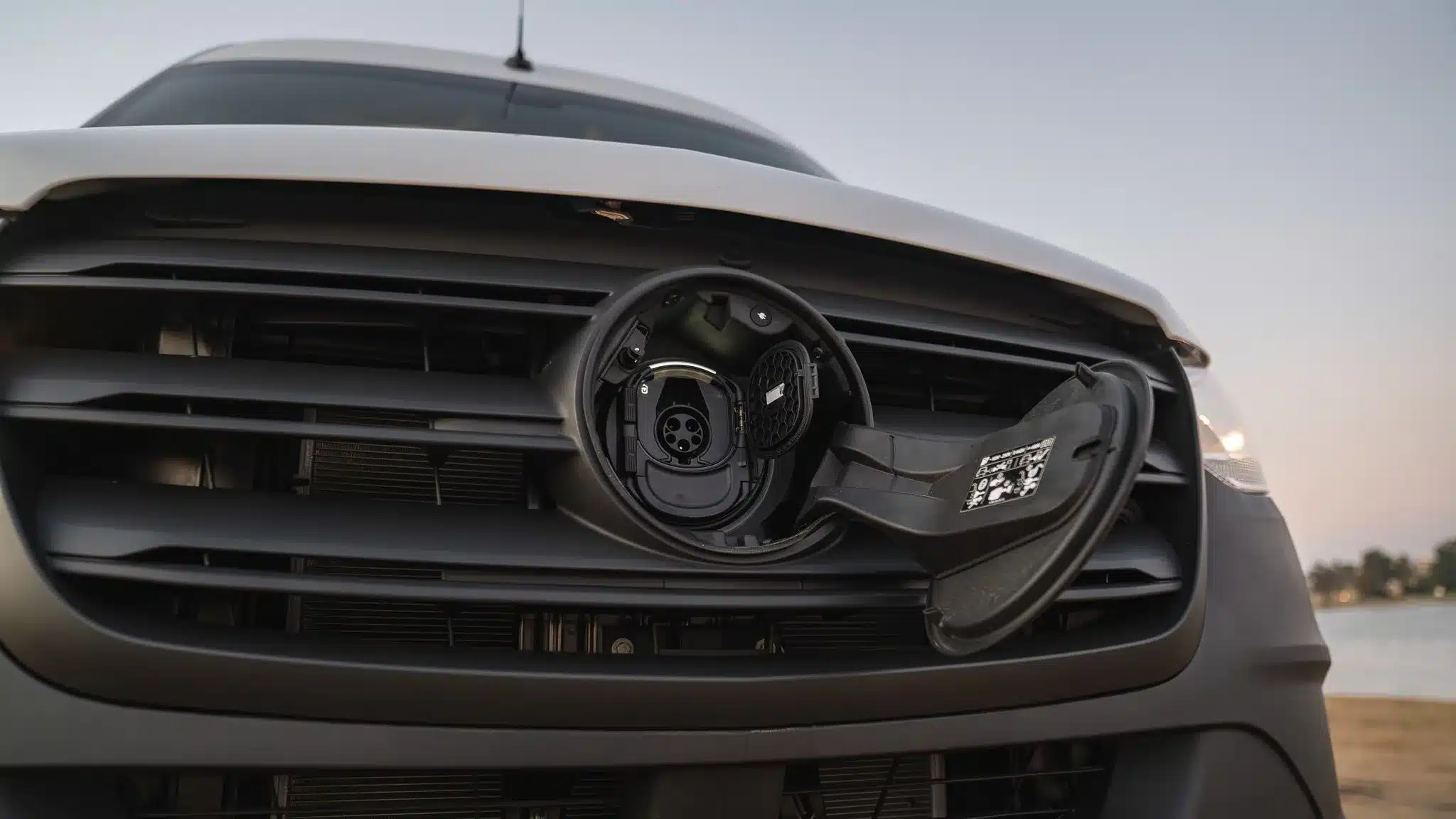 Nahaufnahme des Ladeanschlusses im Kühlergrill eines Mercedes-Benz eSprinter Elektro-Vans