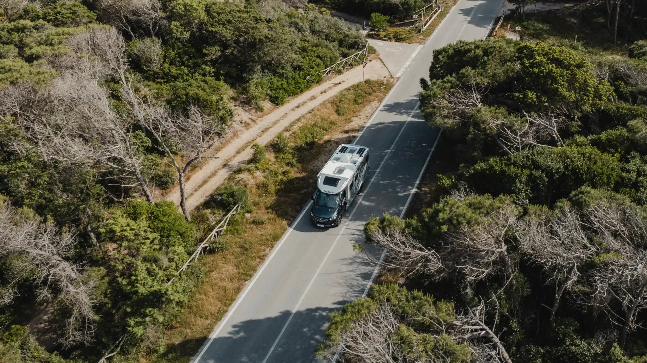 HYMER B-Klasse ModernComfort T fährt auf einer von Bäumen gesäumten Landstraße