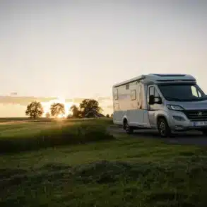 HYMER Exsis-t Pure Wohnmobil fährt bei Sonnenuntergang über eine Landstraße, umgeben von Feldern und Bäumen