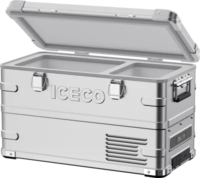 ICECO APL35 Kompressor-Kühlbox mit geöffnetem Deckel und zwei getrennten Fächern