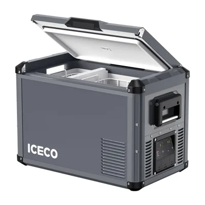 Geöffnete ICECO VL45PROD Kompressor-Kühlbox mit zwei Fächern und Edelstahlgehäuse