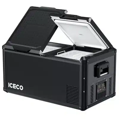 ICECO VL90PROD Kompressor-Kühlbox Dual Zone mit geöffnetem Deckel und zwei getrennten Kühlkammern
