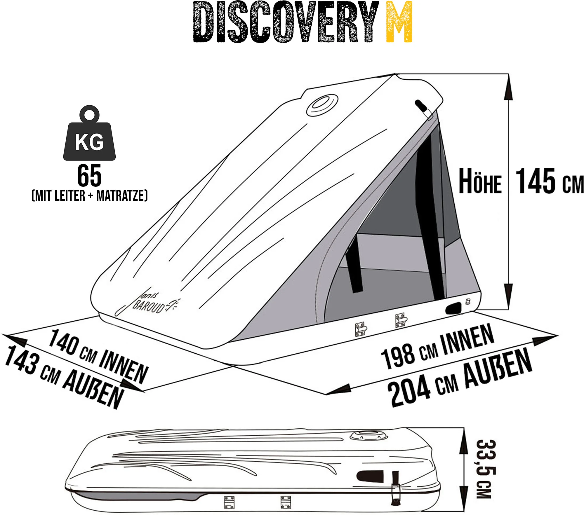 Technische Illustration des James Baroud Discovery M Hartschalenzeltes mit Maßangaben und Gewicht