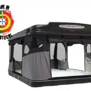 James Baroud EVASION M Hartschalenzelt Schwarz geöffnet mit 360-Grad-Panoramafenstern und Logo Made in Portugal