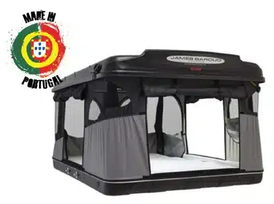James Baroud EVASION M Hartschalenzelt Schwarz geöffnet mit 360-Grad-Panoramafenstern und Logo Made in Portugal