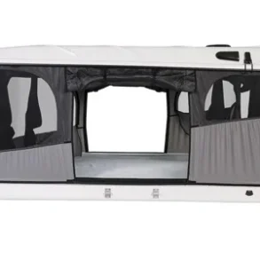 Geöffnetes James Baroud Evasion XL Hartschalenzelt mit sichtbaren Fenstern und Einstieg, Seitenansicht