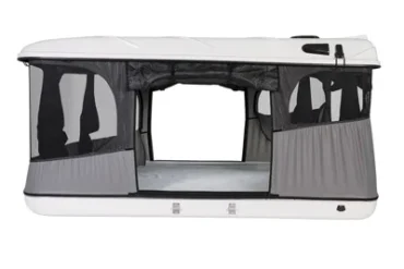 Geöffnetes James Baroud Evasion XL Hartschalenzelt mit sichtbaren Fenstern und Einstieg, Seitenansicht