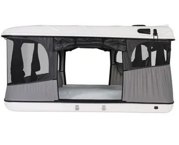 Geöffnetes James Baroud Evasion XL Hartschalenzelt mit sichtbaren Fenstern und Einstieg, Seitenansicht