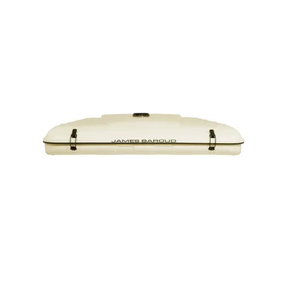 Geschlossenes James Baroud Evasion XL Dachzelt in heller Farbe, Frontansicht mit sichtbaren Verschlüssen