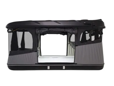 Schwarzes James Baroud Grand Raid M Hartschalen-Dachzelt geöffnet mit seitlichen Fenstern und Liegefläche.