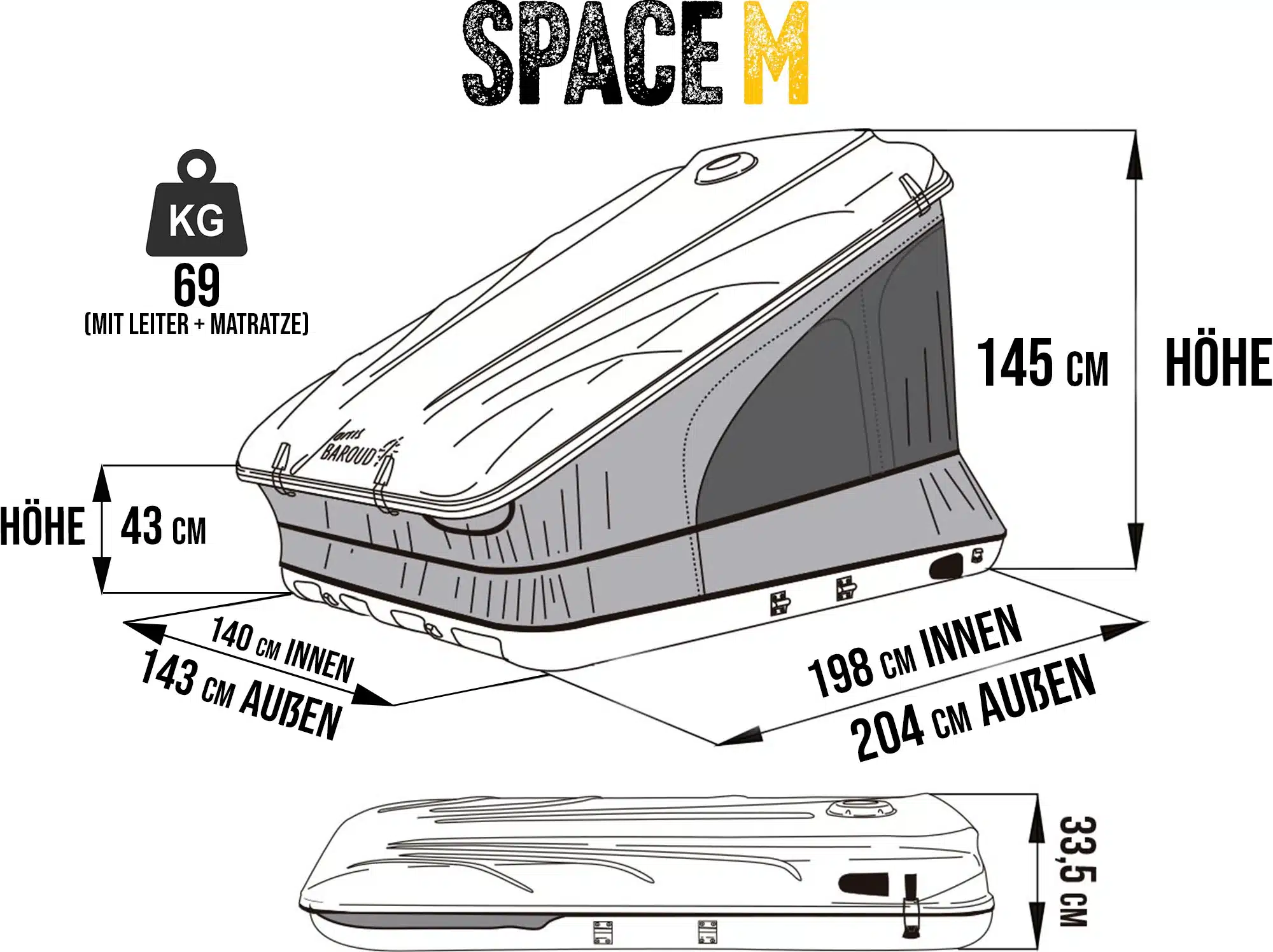 Technische Zeichnung des James Baroud SPACE M Hartschalenzelts mit Maßangaben zu Höhe, Breite, Länge und Gewicht