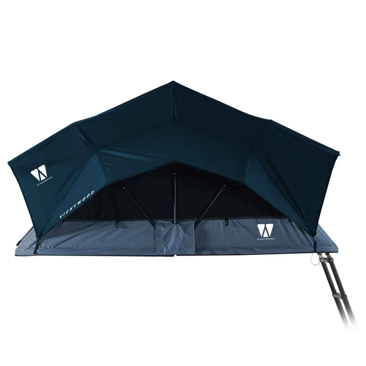 Dachzelt LITTLE BAMBOO von VICKYWOOD in aufgeklapptem Zustand mit halbautomatischen Seitenfenstern und Aluminiumleiter