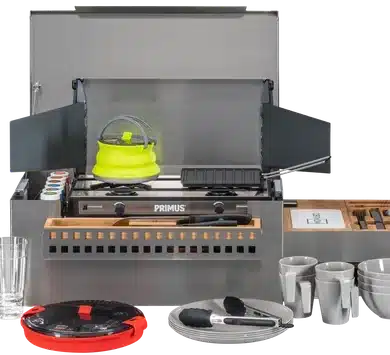 MOKUBO VERSION 3 mobiler Küchenblock mit Kochgeschirr, Besteck, Primus Kocher und integriertem Windschutz