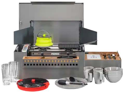 MOKUBO VERSION 3 mobiler Küchenblock mit Kochgeschirr, Besteck, Primus Kocher und integriertem Windschutz